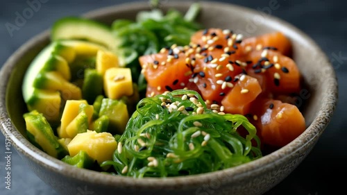 Fresh poke bowl preparation with salmon, avocado, and seaweed in natural lighting
