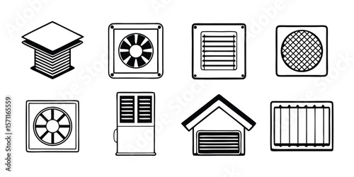 Comprehensive HVAC Vector Icon Set for Home and Industrial Applications A collection of detailed and scalable icons representing heating ventilation and air conditioning systems for