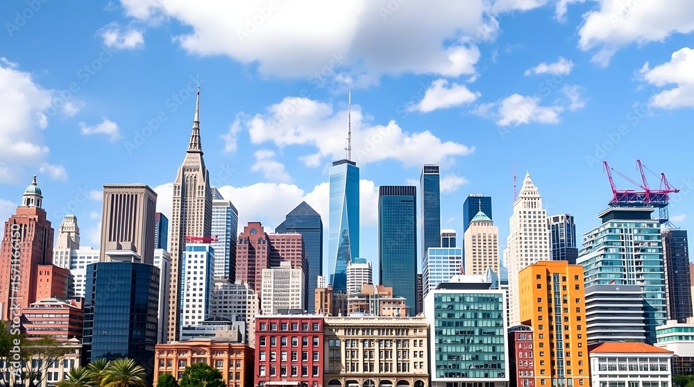 Obraz premium Modern City Skyline with Futuristic and Historical Buildings on White Background | Detailed Urban Architecture Illustration