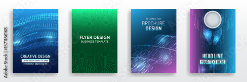 A set of futuristic flyer and brochure templates featuring binary code, glowing data waves and digital effects. Ideal for tech presentations, AI projects and IT business designs.