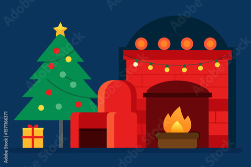 Cozy Fireplace Room Decorated With Christmas Lights