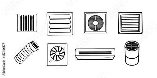 Comprehensive HVAC Icon Set for Home and Industrial Applications featuring a wide range of heating ventilation and air conditioning symbols for diverse design projects and