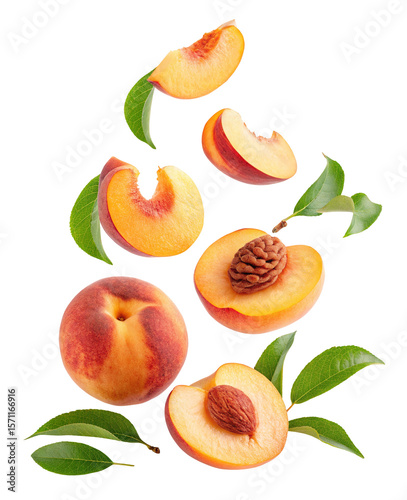 Ripe juicy peaches and fresh green leaves arranged in a delightful creative fruit composition style