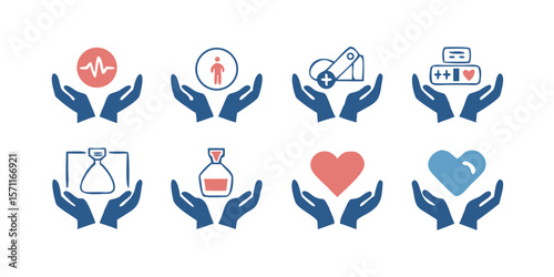 Comprehensive collection of care and support icons featuring a diverse range of symbols representing healthcare assistance community services and related concepts ideal for various design
