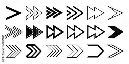 Extensive collection of black arrow icons suitable for web design and user interface elements offering a variety of styles and directions for diverse applications and