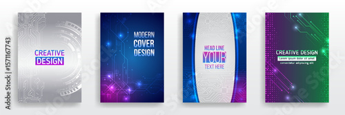 Abstract high-tech flyer templates featuring circuit boards, high-tech elements, radial lines and glowing highlights. Ideal for technology events, digital presentations and futuristic concepts.