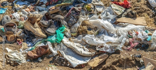 The chaotic mixture of discarded clothing and footwear in a landfill site.