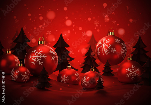Christmas Balls and Trees on Red Background – Festive Scene