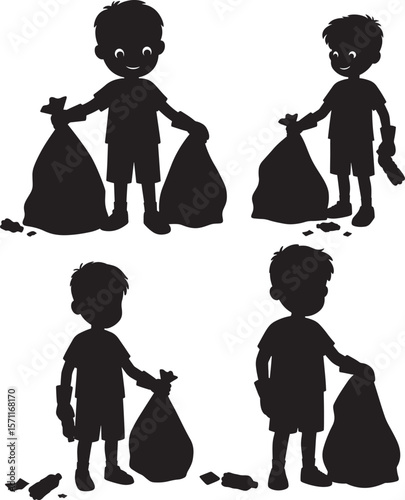Boy Collecting Plastic Garbage Cartoon silhouette