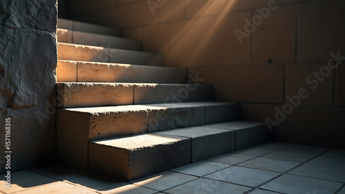 dimly lit atmospheric shot weathered stone steps intricate cracks illuminated soft diffused shaft golden light casting long