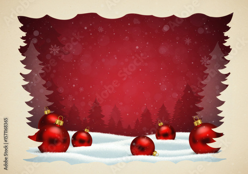 Christmas Ornaments on Snow with Red Background – Vintage Style