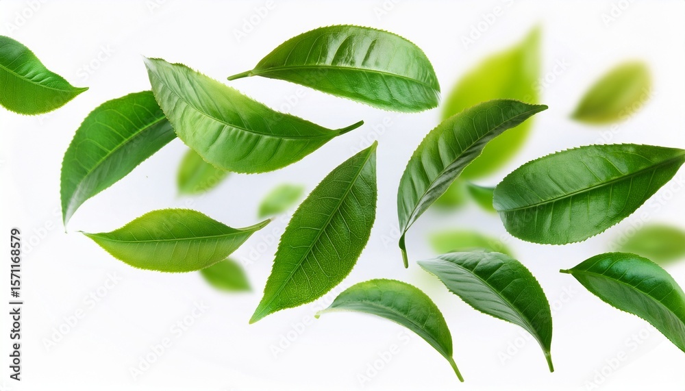 Naklejka premium high quality green tea leaves falling on white background