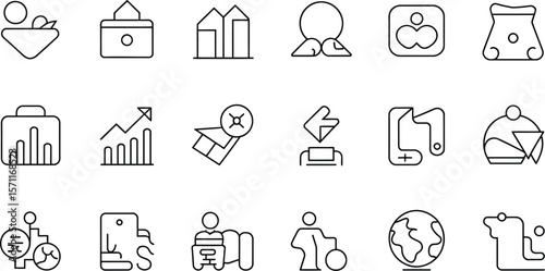 Collection of line art icons representing various business and travel themes