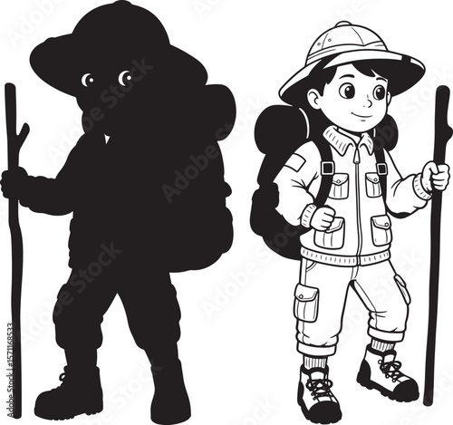 Boy In Safari Outfit Holding Walking Stick silhouette