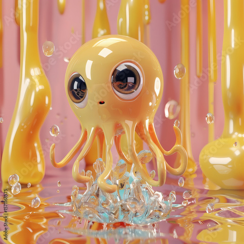 delightful 3d-rendered cartoon octopus in warm yellow tones, playfully surrounded by water elements, on orange background with low angle view
