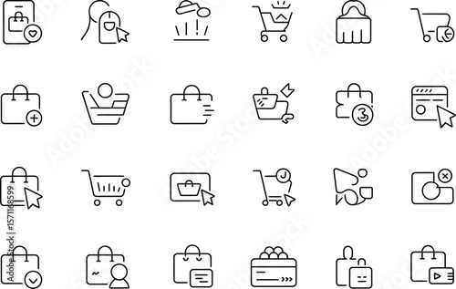 Collection of black outline shopping icons on a white background layout