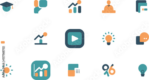 Flat design icons representing business education and communication tools