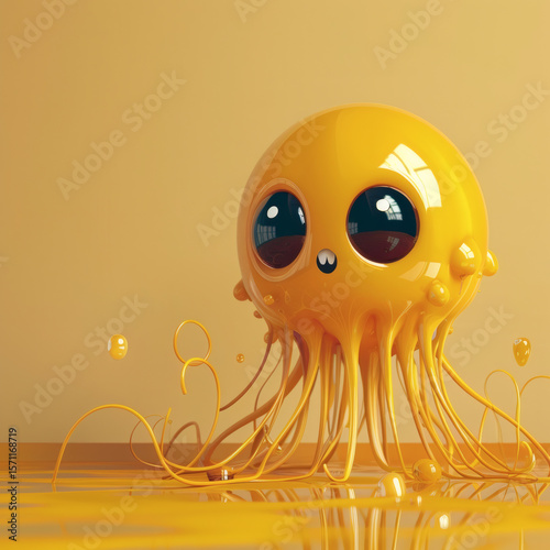 3d rendering of a cute cartoon octopus character in vibrant yellow tones with water bubbles and droplets, set against an orange background in playful low angle design