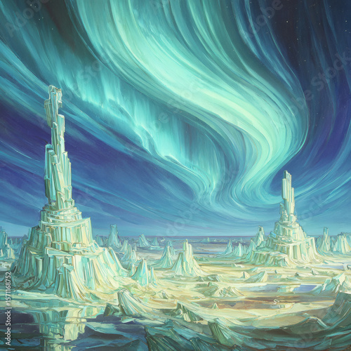 dreamlike arctic world with celestial aurora dancing above sculptural white stones, painted in visionary fantasy style