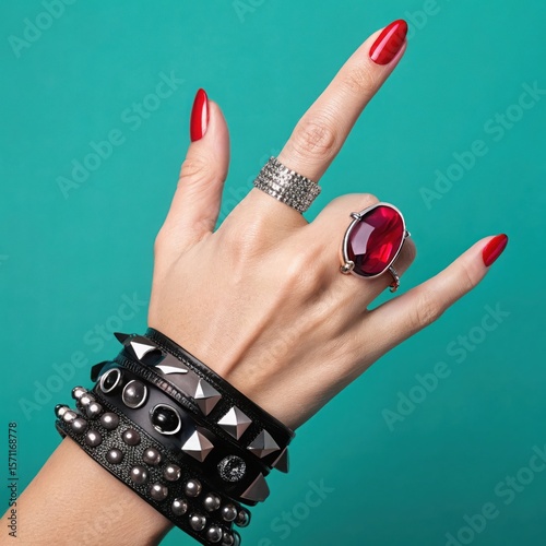 Hand with Red Nail Polish Making Rock On Gesture Wearing Red Gemstone Ring and Black Studded Bracelets on Teal Background