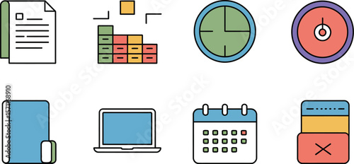 Illustration of office icons including document, clock, and calendar items