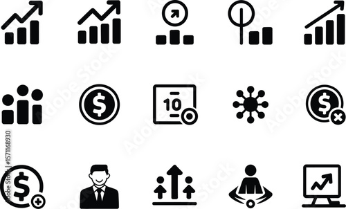 A collection of black business and finance icons on a white background