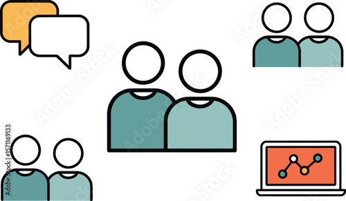 Illustration of people icons, speech bubbles, and a laptop with graph data