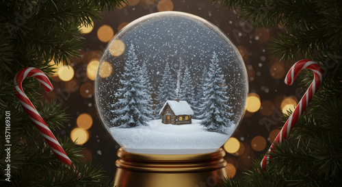 Snow Globe with Cabin and Candy Canes on Dark Background