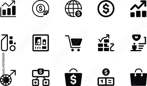Collection of fifteen black and white business and finance related icons