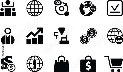 A collection of business and finance related black glyph icons on white background