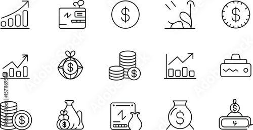 Collection of black and white line art icons depicting financial growth