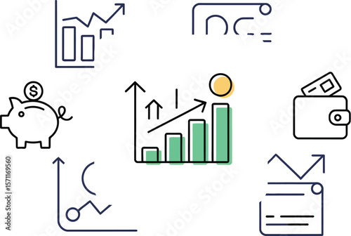 Financial growth icons with bar chart, piggy bank, and wallet on white background