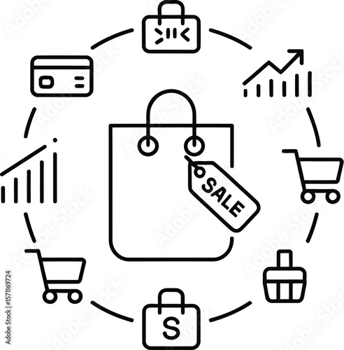 Shopping bag with sale tag surrounded by e commerce icons in line art