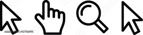 Illustration of cursor, hand, magnifying glass icons on a white background