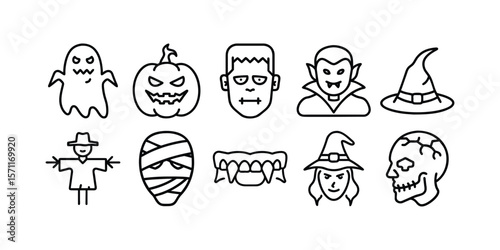 Halloween Icon Set, Classic Characters, Line Art and Silhouette Vector Illustration Bundle
