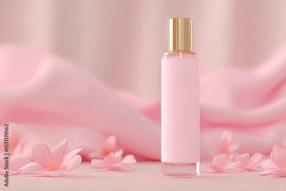 Pink perfume bottle on a pink background with flowers Pink perfume bottle on a pink background with flowers