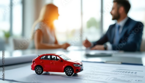 Miniature red car on dealership contract with business professionals discussing sale in background.