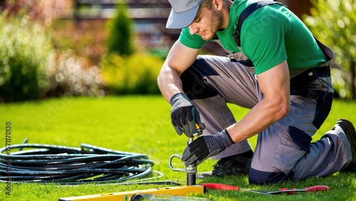 Technician installing garden irrigation system on green lawn with tools and hose during sunny day maintenance work.