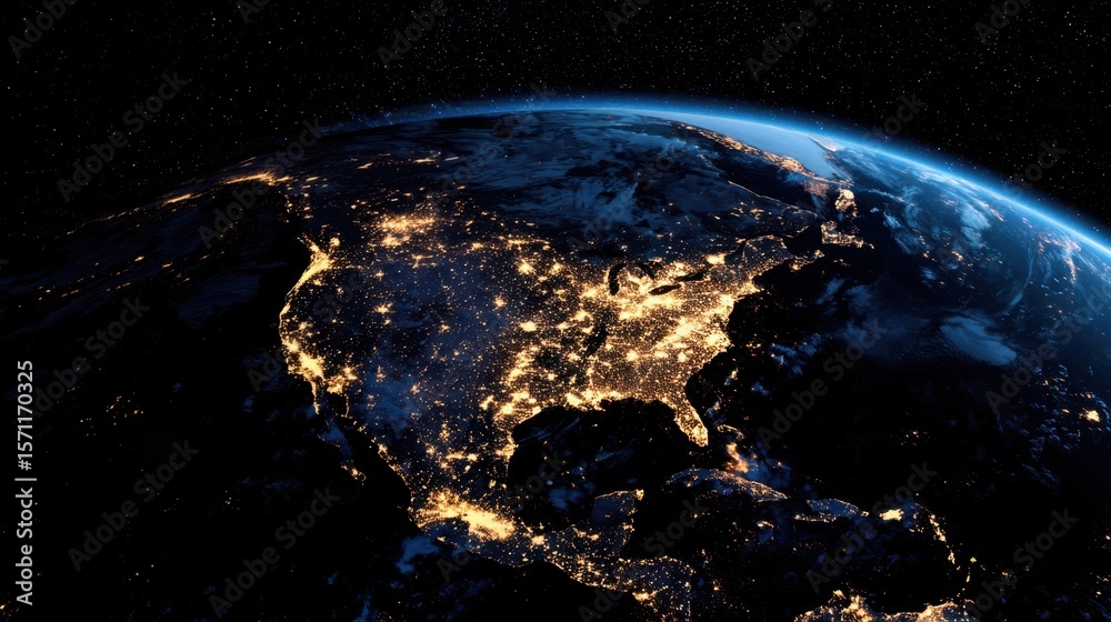Obraz premium The Earth illuminated by city lights seen from space at night.