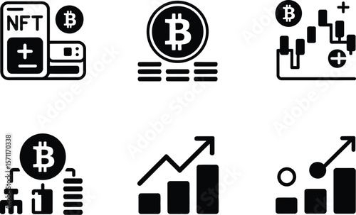 A collection of black and white icons depicting cryptocurrency and nft trends