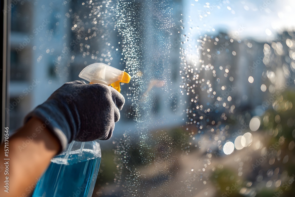 Fototapeta premium Hand in rubber gloves spraying cleaner on window glass during household cleaning