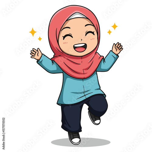 Joyful Muslim Girl Cartoon Illustration Happy, Cheerful, Smiling, Cute, Anime-Style