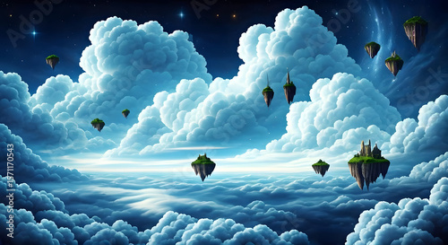  An abstract dreamscape with fluffy cumulus clouds gently swirling in a mystical sky, surrounded by floating islands and glowing stars