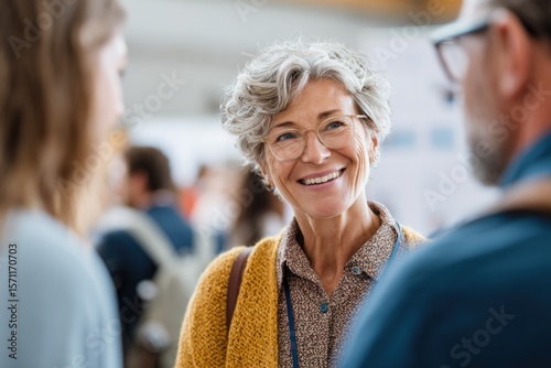 Smiling elderly woman engages warmly in conversation with two ot
