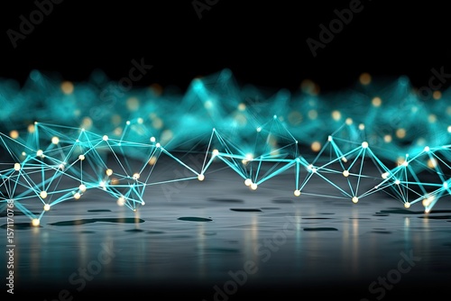 Abstract network of teal lines and points on a dark reflective surface