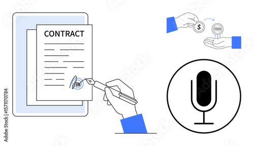 Hand signing contract on tablet screen, hand exchanging dollar coins, microphone icon. Ideal for finance, business, legal agreements, technology, communication, podcasting simple landing page