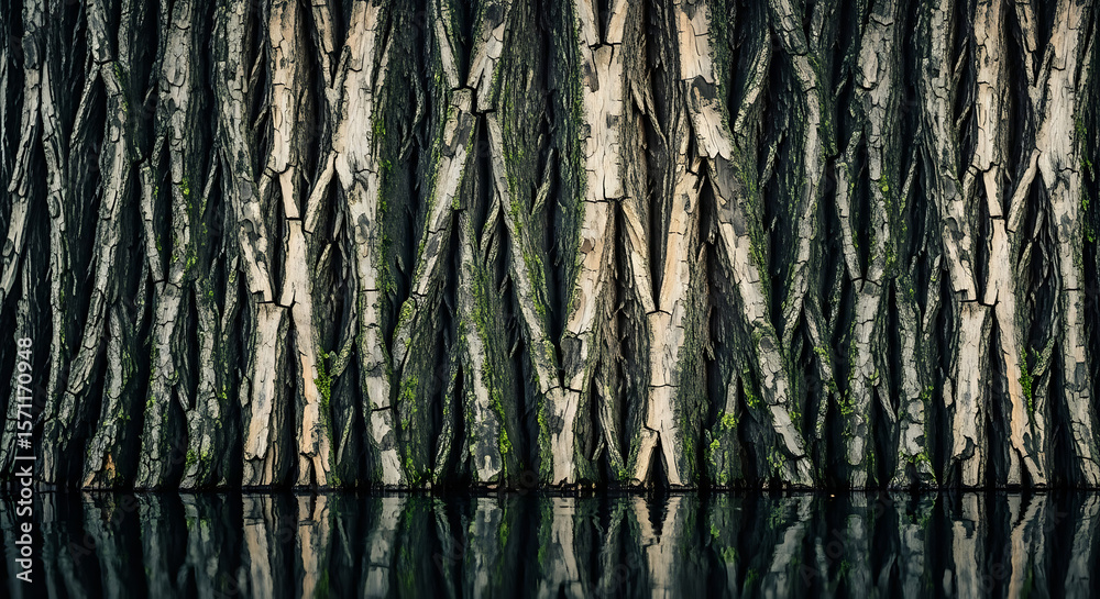 Dense Tree Bark Reflected in Dark Water Dense Tree Bark Reflected in Dark Water