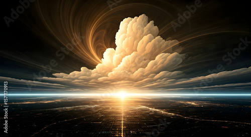 An abstract, otherworldly landscape where swirling cumulus clouds hover above a vast glowing city, their edges tinged with soft golden light