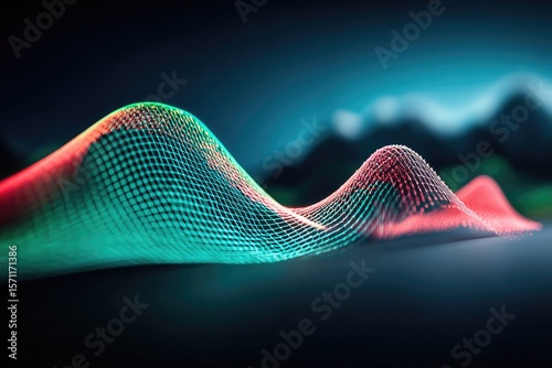 Abstract wavy forms of glowing, interconnected dots, vibrant colors.  Dynamic, digital, mesh-like patterns.  Dark background with hints of light, creating a sense of depth