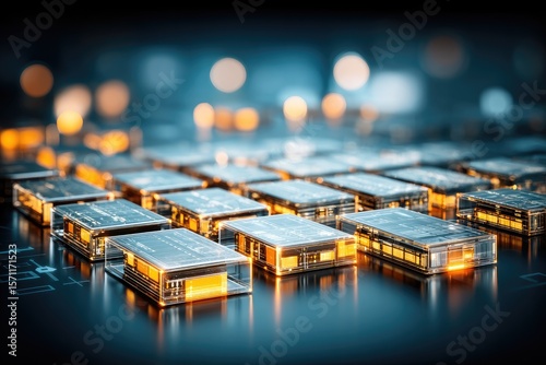 Close-up of many glowing, transparent circuit boards